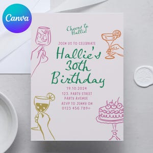 Hand-Drawn Cocktail Birthday Invitation: Editable Canva Template (Digital Download)