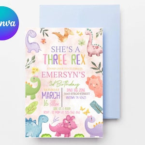 Pastel Dinosaur Birthday Invitation Girl Three Rex Party Editable Invite Cute Dino Pink Template Printable Three Rex Dinosaur Birthday D127