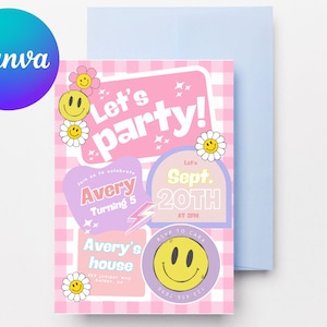 Editable Checkered Smiley Face Birthday invite,Groovy Retro Birthday Invitations with Emojis, For Teens, Preteens and Girls of All Ages