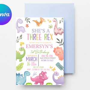 Pastel Dinosaur Birthday Invitation Girl Three Rex Party Editable Invite Cute Dino Pink Template Printable Three Rex Dinosaur Birthday D127