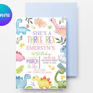 Pastel Dinosaur Birthday Invitation Girl Three Rex Party Editable Invite Cute Dino Pink Template Printable Three Rex Dinosaur Birthday D127