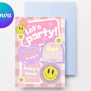 Editable Checkered Smiley Face Birthday invite,Groovy Retro Birthday Invitations with Emojis, For Teens, Preteens and Girls of All Ages