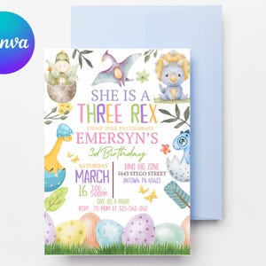 Pastel Dinosaur Birthday Invitation Girl Three Rex Party Editable Invite Cute Dino Pink Template Printable Three Rex Dinosaur Birthday D127