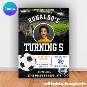 Foto verjaardagsuitnodiging voetbal, spelersfeest elke leeftijd, gepersonaliseerde spelersfeestkaart, mobiele Evite, bewerkbare canvassjabloon