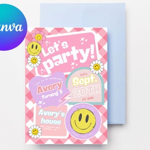 Editable Checkered Smiley Face Birthday invite,Groovy Retro Birthday Invitations with Emojis, For Teens, Preteens and Girls of All Ages