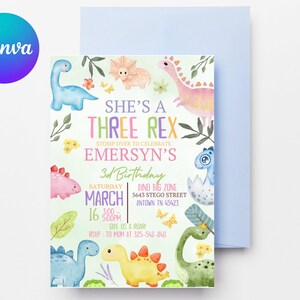 Pastel Dinosaur Birthday Invitation Girl Three Rex Party Editable Invite Cute Dino Pink Template Printable Three Rex Dinosaur Birthday D127