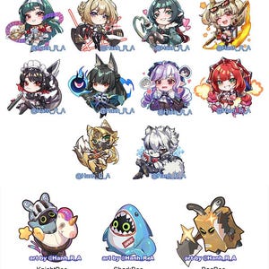 Puede incluir: Una colección de catorce ilustraciones de personajes estilo chibi con diversos atuendos, colores de cabello y accesorios, incluyendo tres criaturas etiquetadas: KnightBoo, SharkBoo y BagBoo, todas marcadas con @Hanh_R_A.