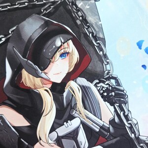 May include: Anime-style illustration of a character with blonde hair and blue eyes, wearing a black hooded outfit with silver accents. The character is holding a silver chain, with a background of blue and white.