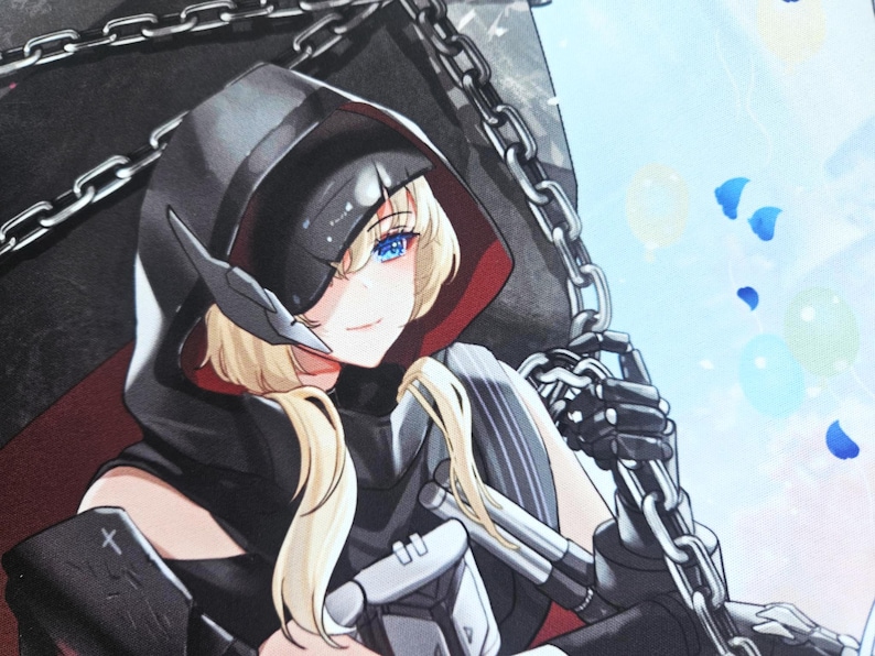 May include: Anime-style illustration of a character with blonde hair and blue eyes, wearing a black hooded outfit with silver accents. The character is holding a silver chain, with a background of blue and white.