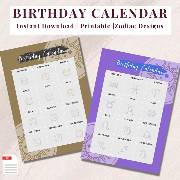 Birthday Calendar Zodiac | Blank Birthday Tracker | Printable Birthday Calendar | Perpetual Calendar | Fillable Template | Kids Birthdays