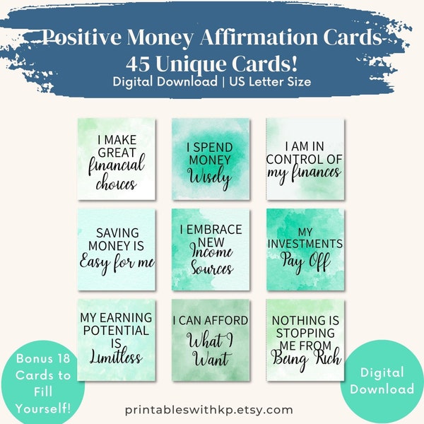 Positive Money Affirmation Cards | Printable Money Manifestation Cards | Money Mindset Cards | Vision Board Cards | Law of Attraction Cards