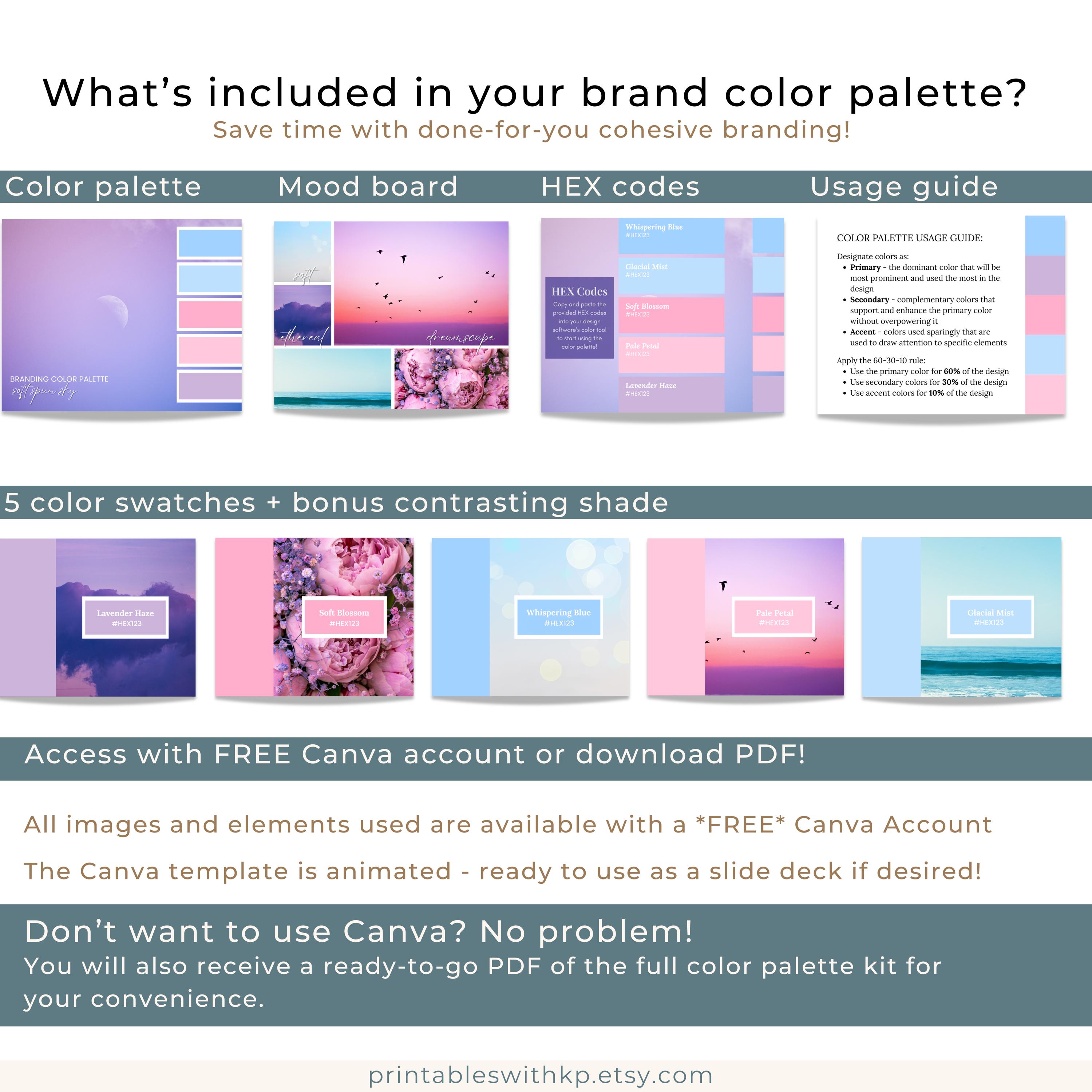 Brand Color Palette With Hex Codes, Small Business Branding Kit, Light ...