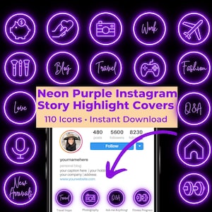 Instagram Highlight Covers Purple | Ig Highlight Covers | Instagram Story Icons Neon Purple | Ig Story Highlights | Purple Branding Icons