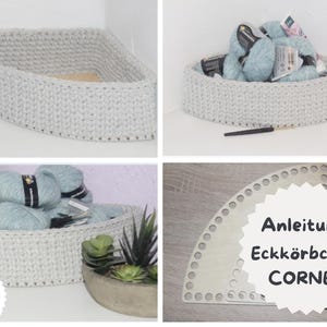 Crochet pattern + Corner basket + Crochet corner basket in knit stitch with wooden base, various sizes possible, instructions in German
