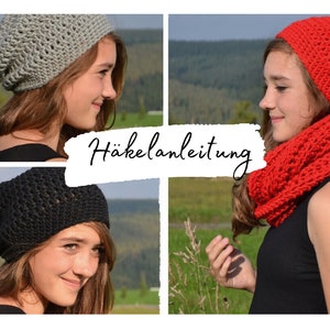 May include: A collage of three images showing crocheted hats and a scarf. The first image shows a grey crocheted hat. The second image shows a black crocheted hat. The third image shows a red crocheted hat and scarf. The text "Häkelanleitung" is visible in the center of the collage.