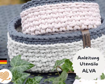 Crochet pattern + ALVA + Crochet basket set, round or oval in a mix of patterns, storage basket, sustainable crochet basket, instructions in German