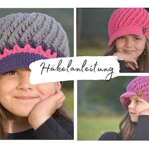 May include: Three girls wearing crocheted hats with a visor. The hats are in different colours: grey, pink, and purple. The image includes the text "Häkelanleitung" which is German for crochet instructions.