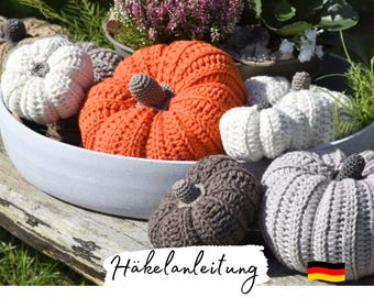 May include: A collection of crocheted pumpkins in various colors, including orange, white, gray, and brown. The pumpkins are arranged in a gray bowl and are sitting on a wooden surface. The text "Häckelanleitung" is visible in the lower right corner of the image.