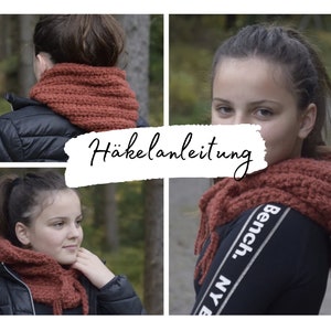 May include: A young person wearing a rust-coloured crocheted cowl with a hood. The cowl has a fringe at the bottom. The person is wearing a black shirt with a white logo that says "Bench. NY". The image has the text "Häkelanleitung" in white on a white background.
