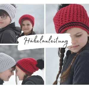 May include: Two children wearing crocheted hats with pom-poms. The hats are grey and red with black trim. The image includes the text "Häkelanleitung" in German.