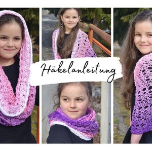 May include: A girl wearing a pink and white crocheted infinity scarf and a black dress. The scarf is made with a lacy stitch pattern. The image also shows a girl wearing a purple and white crocheted shawl with a lacy stitch pattern. The text "Häkelanleitung" is written in white on a black background.