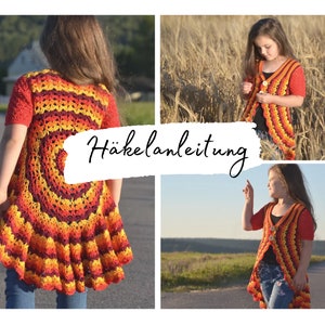 May include: A crochet vest with a colorful, striped pattern in shades of red, orange, and yellow. The vest has a high, rounded neckline and a long, flowing hemline. The vest is being worn by a child in a field of tall grass.