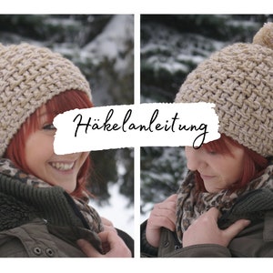 May include: A beige crocheted beanie with a fluffy pom pom on top. The beanie is worn by a person with red hair and a leopard print scarf. The image includes the text "Häkelanleitung" in German.