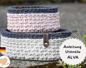 Crochet pattern + ALVA + Crochet basket set, round or oval in a mix of patterns, storage basket, sustainable crochet basket, instructions in German