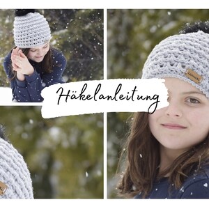 May include: A grey crocheted hat with a black pom pom and a brown leather label that says "seawolf". The hat is worn by a young person in a snowy outdoor setting. The image includes the text "Häkelanleitung" in white on a white background.