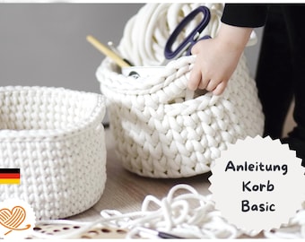 Patrón de Crochet + Básico 2.0 + Cesta de crochet, cesta con base de madera, todos los tamaños, hilo jumbo y premium, instrucciones en alemán