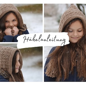 Può includere: Una sciarpa con cappuccio in crochet marrone con bordino in pelliccia sintetica e nappe. La sciarpa è indossata da una giovane persona con i capelli lunghi e castani. L'immagine include il testo "Häkelanleitung" in tedesco.