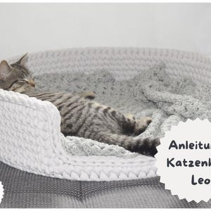 Schema all'uncinetto + Leo + Cesto per gatti, cesto per cani, cuccia per gatti, cesto all'uncinetto con base in legno, istruzioni in tedesco