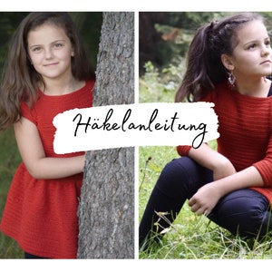 May include: A young girl wearing a red crocheted dress with a ruffled hem. The girl is standing next to a tree and the text "Häkelanleitung" is written on a white background.