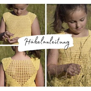 Puede incluir: Un top de crochet amarillo con un patrón cuadrado y una espalda de crochet. El top tiene mangas cortas y un escote cuadrado. La imagen incluye el texto "Häkelanleitung".