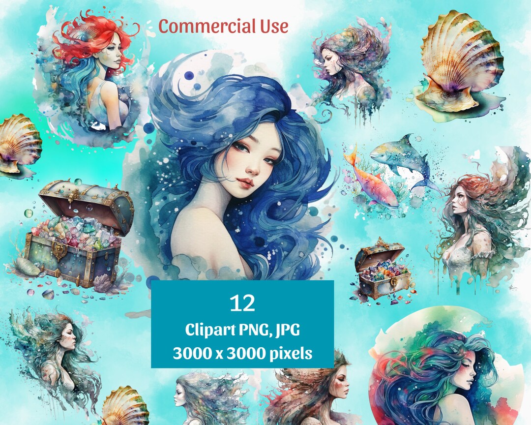 Mermaid Watercolor Clipart, Under the Sea Bundle PNG, Underwater ...