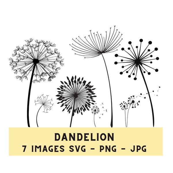 Dandelion Set of 7 images SVG, PNG,  Digital images, Floral clipart, Dandelions svg bundle, Flower Silhouette  svg