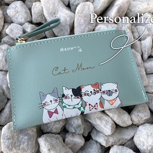 Portefeuille graphique chat mignon pour femme - pochette porte-cartes fine, portefeuille pastel personnalisé, cadeau de Noël ou de mariage parfait pour les amoureux des chats