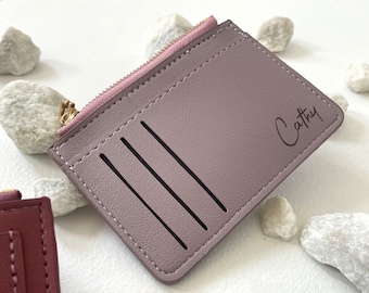 Porte-cartes personnalisé unisexe mince et minimaliste avec portefeuille à fermeture éclair, cadeau personnalisé, petite pochette, pour femme, cadeau de Noël