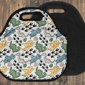 Modèle de sac à lunch en néoprène bleu vert jaune dinosaure fichier PNG