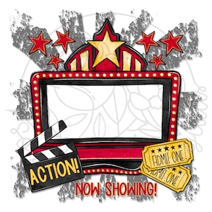 以下が含まれることがあります： 赤と黄色のアクセント、黒いスクリーン、赤い星が特徴の、ヴィンテージ映画館のデジタルイラスト。 「ACTION！」という言葉が入った映画のクローパーボードと、「ADMIT ONE」のチケット2枚が含まれています。 「NOW SHOWING！」という言葉も表示されています。