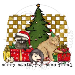 Pode incluir: Uma ilustração com tema natalino com um guaxinim, um gato e um gambá. Os animais estão cercados por presentes e uma árvore de Natal. O texto "sorry santa, i've been feral." está escrito na parte inferior da imagem.