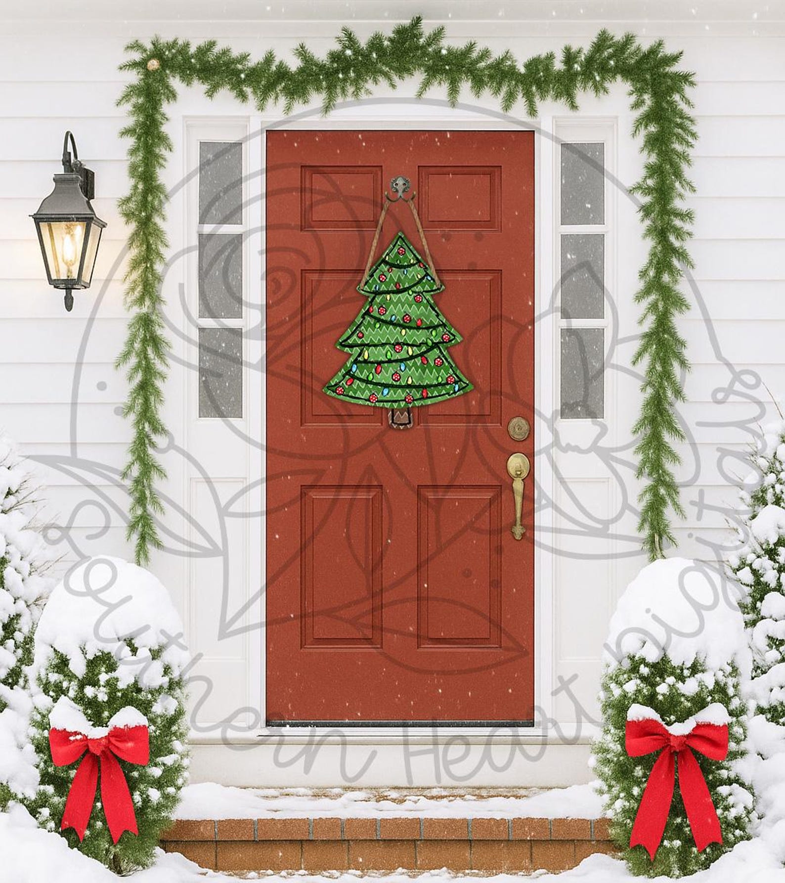 Doodle Decorated Christmas Tree Door Hanger PNG Digital File Etsy
