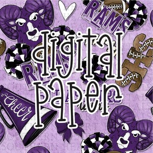 May include: Purple and white digital paper with a cheerleading theme. The design features a ram mascot, cheerleaders, pom-poms, footballs, and the word "RAMS".