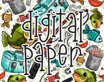 May include: A digital paper design featuring a fishing theme. The design includes fish, fishing rods, tackle boxes, and the text "digital paper".