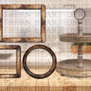 May include: A collection of rustic wooden frames in square, rectangular, and circular shapes, alongside a two-tiered serving tray. The frames have a distressed, weathered appearance, and the tray features a handle. The background is blurred.