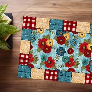 May include: A blue and white patchwork table runner with red and white gingham squares. The center features a floral design with red, yellow, and blue flowers.