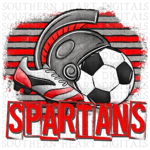 May include: Red and white striped background with a gray Spartan helmet, a soccer ball, and a red and white soccer cleat. The words "SPARTANS" are in red letters.