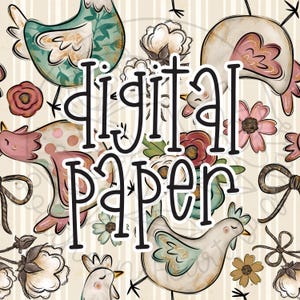 Könnte beinhalten: Digitales Papier mit einem verspielten Muster aus Hühnern, Blumen und Schleifen im rustikalen Stil. Der Text "digitales Papier" ist in Schwarz in der Mitte des Bildes geschrieben.