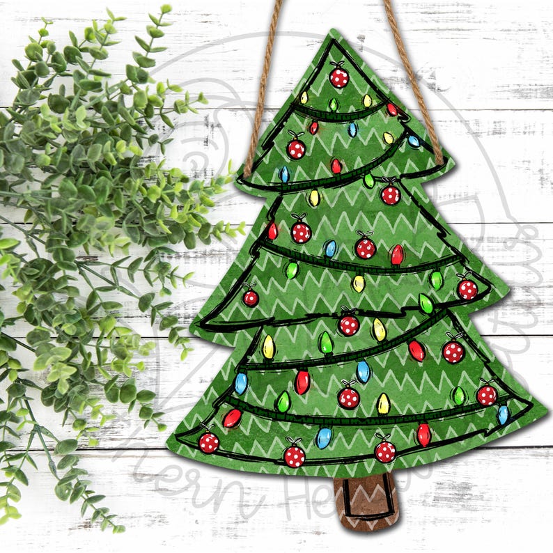 Doodle Decorated Christmas Tree Door Hanger PNG Digital File Etsy