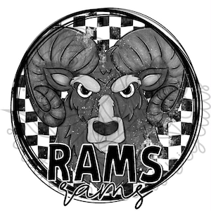 May include: Black and white graphic of a ram's head with large curved horns, set within a circular frame. The word "RAMS" is prominently displayed in bold, black letters, with the word "rams" in a cursive font below.